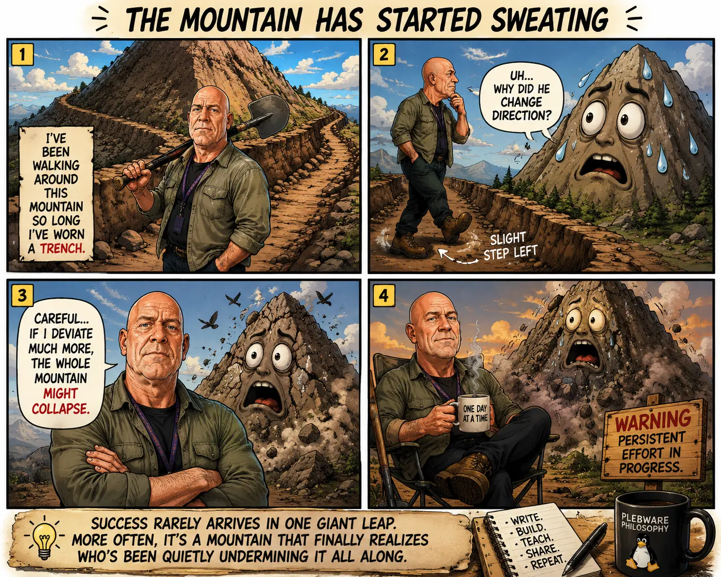 PlebWare Sweating Mountain Cartoon - The Journey of Climbing Life's Challenges