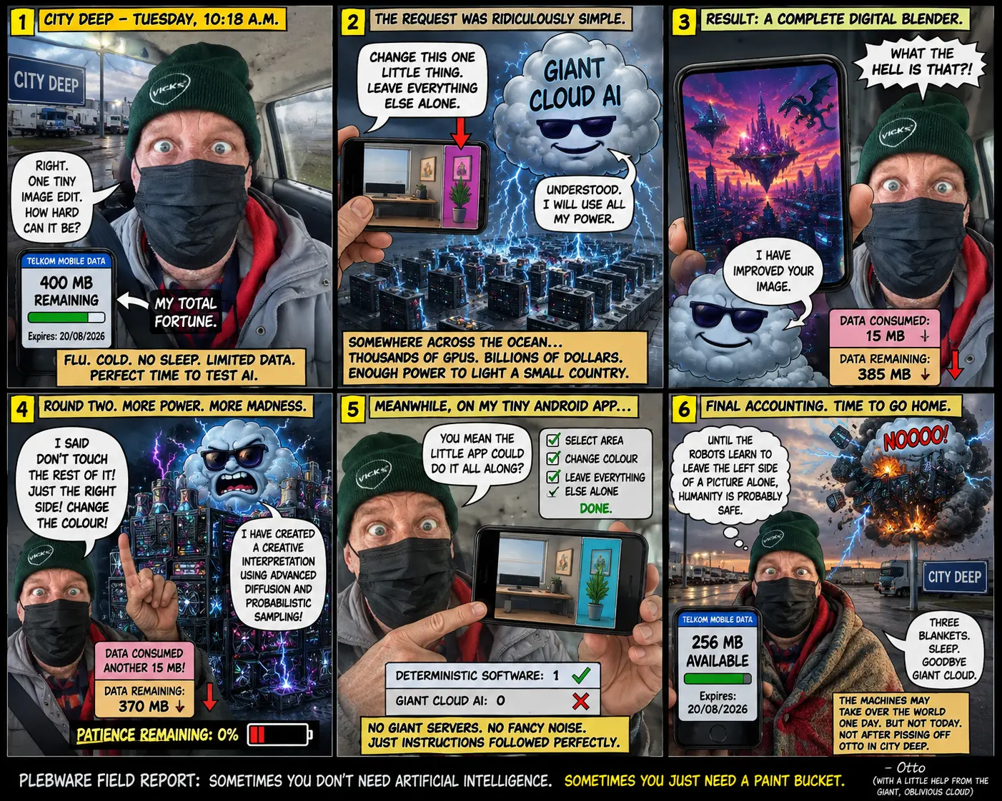 AI Image Woes — a humorous science-fiction illustration showing an AI struggling to recreate the same image while repeatedly changing the composition, monitor position, and reserved desktop space.