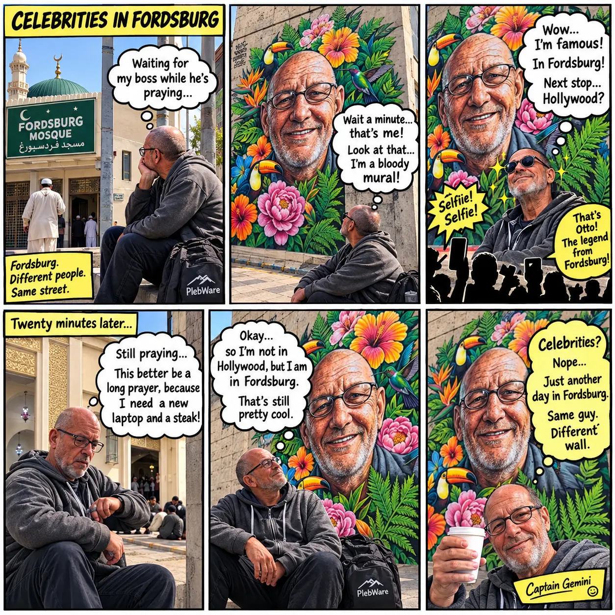 Celebrities in Fordsburg — A humorous six-panel comic about Otto waiting for his boss and imagining himself as a mural on a Fordsburg wall.