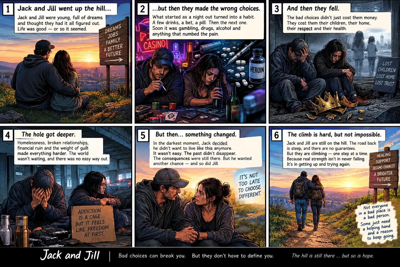 Jack and Jill — A six-panel comic about bad choices, addiction, consequences, falling down the hill, and finding the courage to climb again.