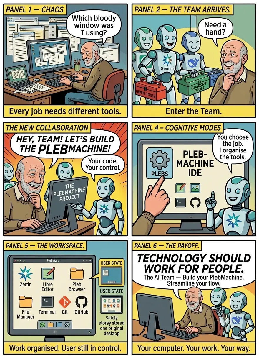 PlebMachine and the Three AI Assistants — ChatGPT, Gemini and DeepSeek helping Otto while he works through code windows.